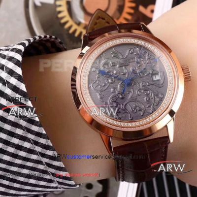 Perfect Replica Patek Philippe Calatrava Watch Rose Gold Flower Face